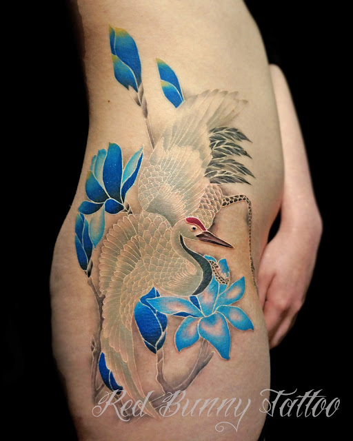 blue tattoo crane magnolia タトゥー　青　鶴　木蓮