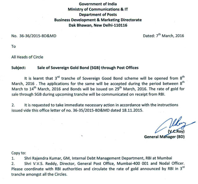 Sale of Sovereign Gold Bond(SGB) through Post Offices