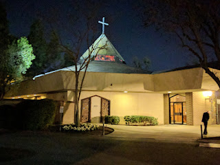 Fresno, California's Hope Lutheran Church after dark