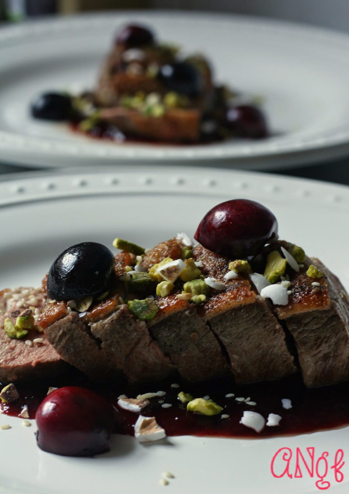 Cherries, pistachios, Jordan almonds with duck breast from Anyonita-nibbles.co.uk