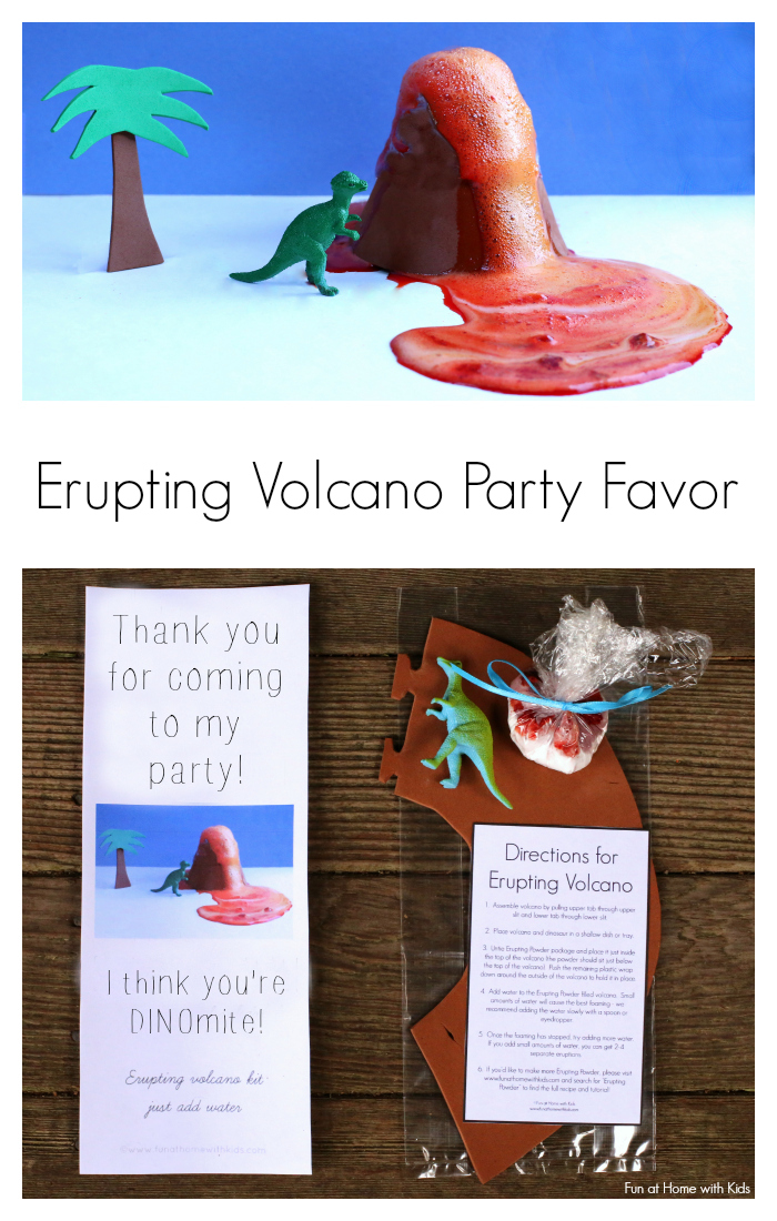 Just-add-water Erupting Volcano Kit Dinosaur Party Favor for Kids - you can make this with items from The Dollar Tree!  Free printables included in post.  From Fun at Home with Kids