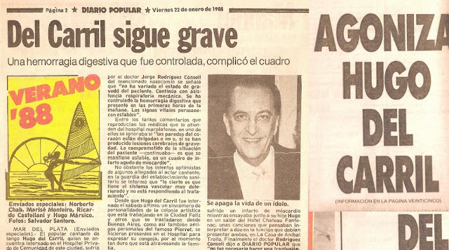 Prensa en internacion de Hugo del Carril, diarios