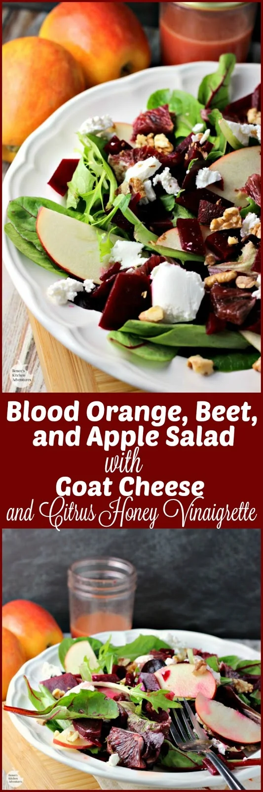 Blood Orange, Beet, and Apple Salad with Goat Cheese and Citrus Honey Vinaigrette | by Renee's Kitchen Adventures - easy meatless salad recipe with a recipe for homemade dressing made with citrus and honey #SundaySupper #RKArecipes