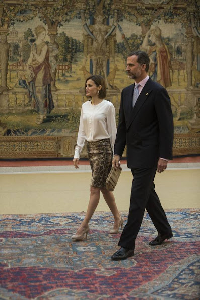 Queen Letizia of Spain and King Felipe VI of Spain attend a meeting with members of 'Princesa de Asturias' foundation at El Pardo Royal Palace