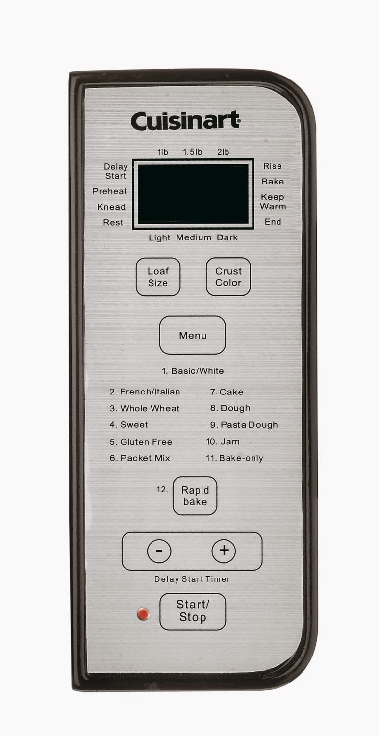 Cuisinart CBK-100 control panel, with 12 preset settings, delay timer up to 13 hours