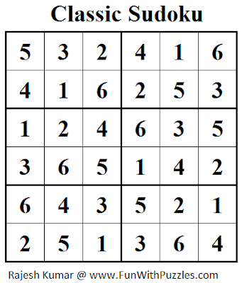 Classic Sudoku (Mini Sudoku Series #26) Solution