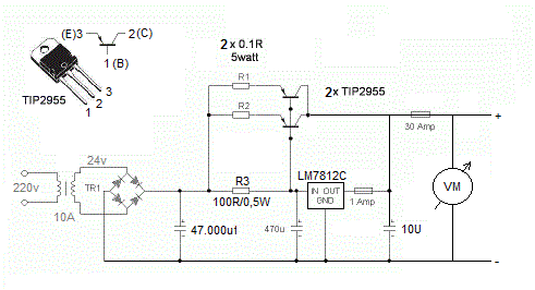 Power Supply menggunakan Transistor TIP2955