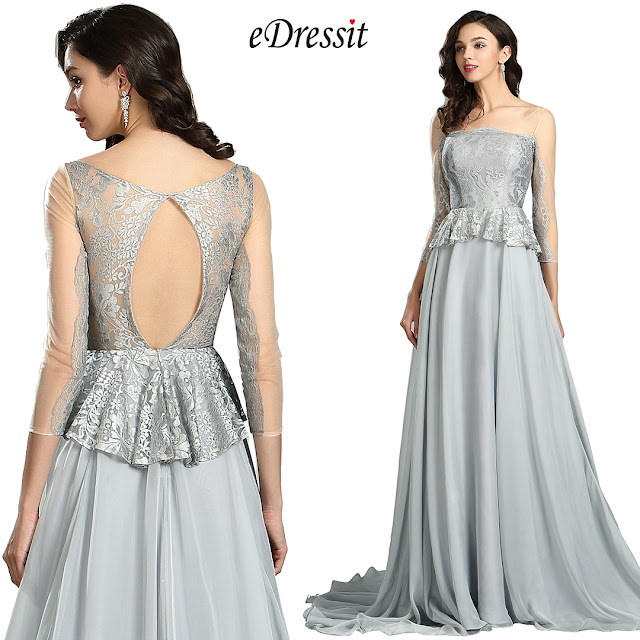  Elegant Grey Lace Prom Dress with Sleeves