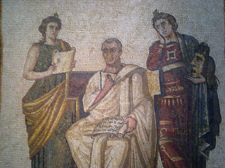 Virgilio y las Musas. A su derecha, Clío, la musa de la Historia; a su izquierda, y sosteniendo una máscara, Melpómene, la musa del Teatro Trágico - Mosaico romano - Museo del Bardo, Túnez