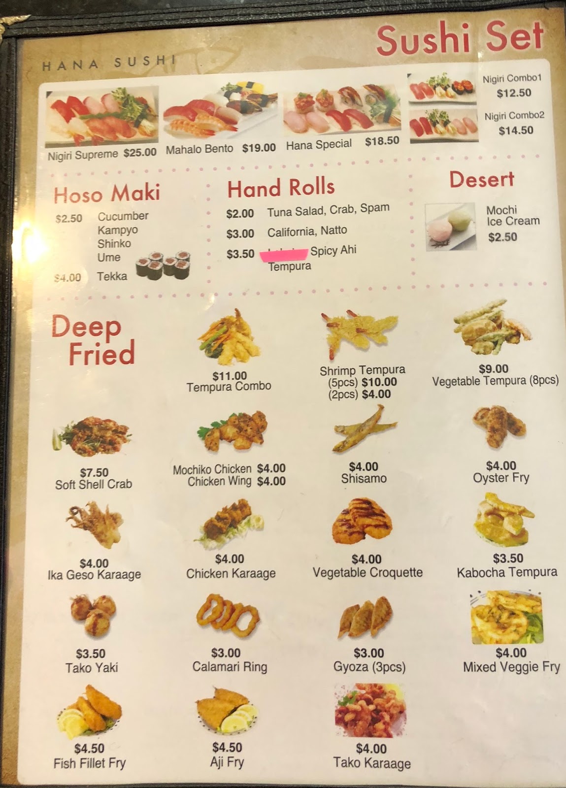 Hana sushi sale menu