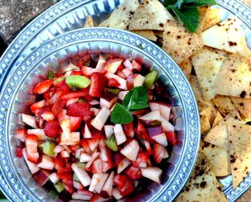 Strawberry Salsa with Sweet-Cinnamon Baked Tortilla Chips ♥ KitchenParade.com, a quick fruit salsa, just strawberries, kiwi and apple, served with easy-baked tortilla chips sprinkled with a little cinnamon sugar.