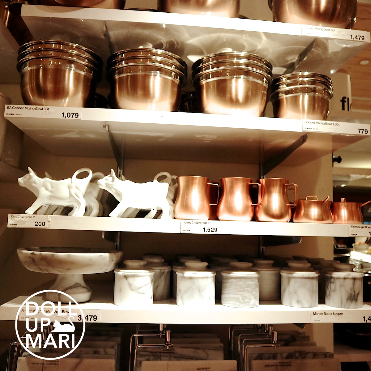 Crate and Barrel Marble ware and Copperware Crate and Barrel Copper Bowls and Milk Jar with Marble Jar and Cow Creamer