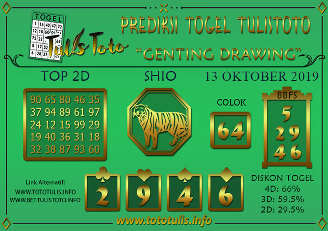 Prediksi Togel GENTING DRAWING TULISTOTO 13 OKTOBER 2019
