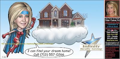 Real Estate Superhero Caricature Flying with House