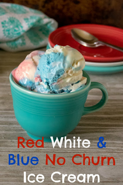 This festive red, white and blue ice cream is easy to make and no-churn so you don't even need an ice cream maker! This festive red, white and blue ice cream is easy to make and no-churn so you don't even need an ice cream maker!