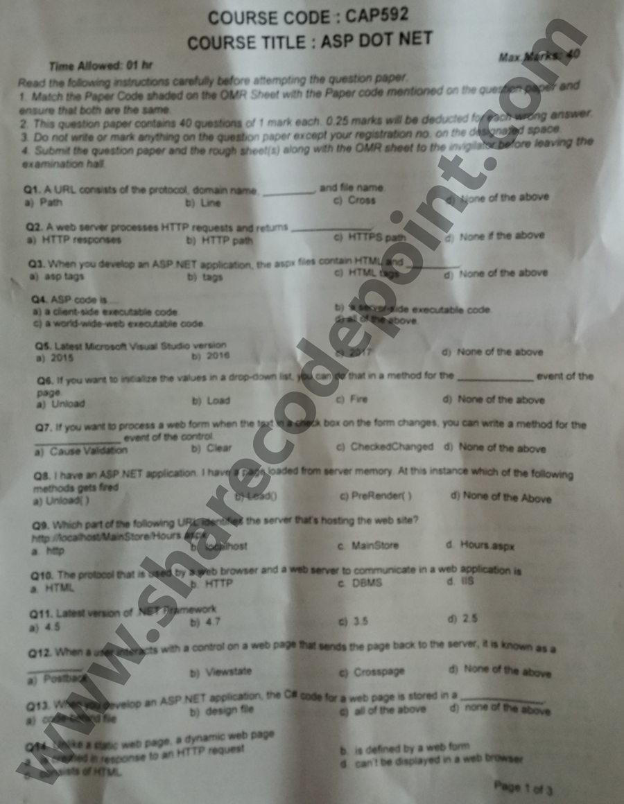 CAP592 ASP Dot Net Mid Term Exam Question Paper CAP 592 Lpu