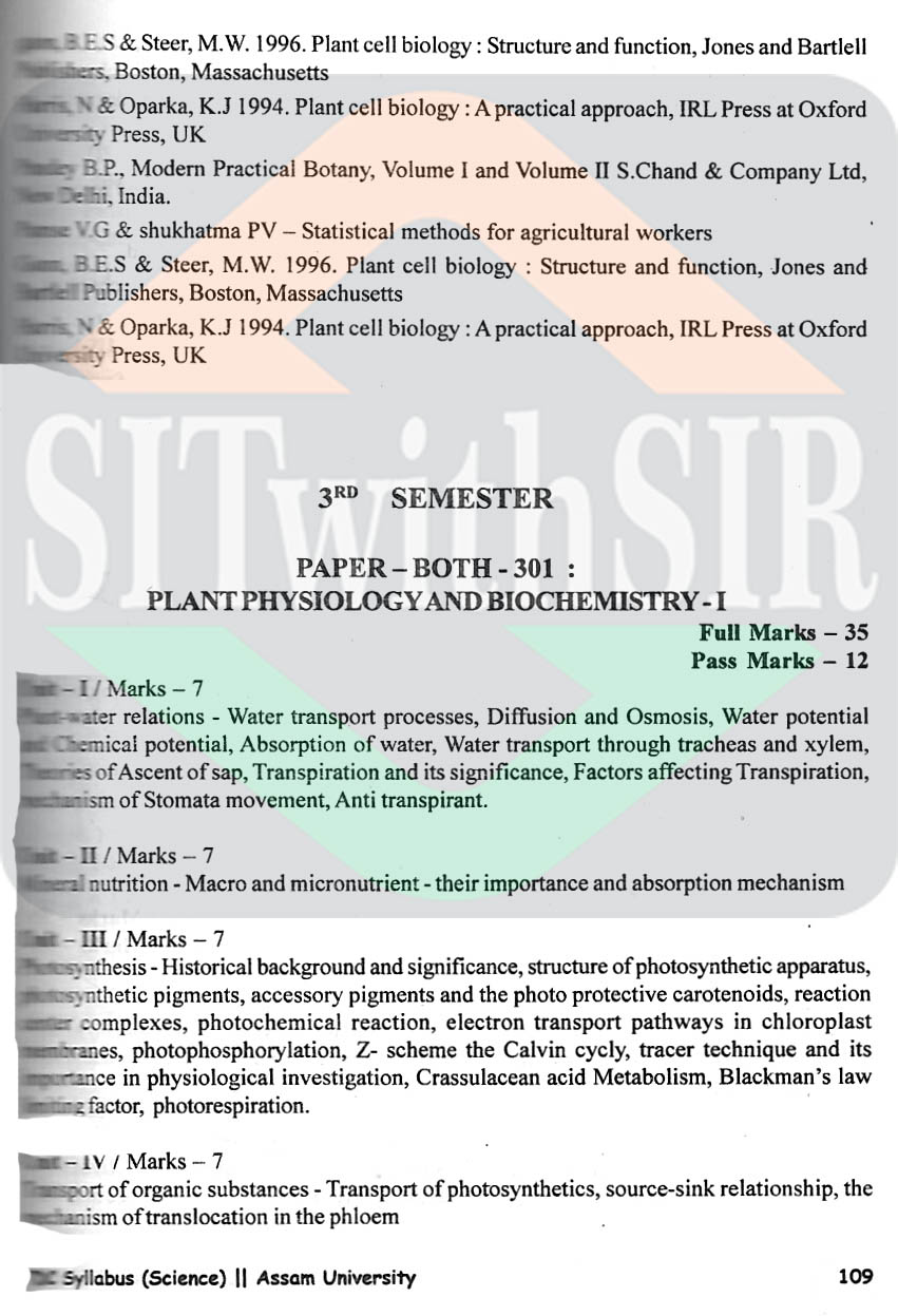 Botany Honours Syllabus for 3rd semester of Assam University Silchar