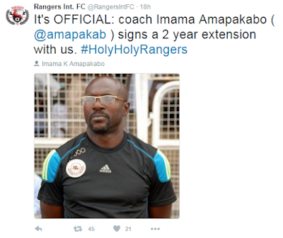 1 NPFL Champions Enugu Rangers reward coach Imama Amapakabo with 2 year contract