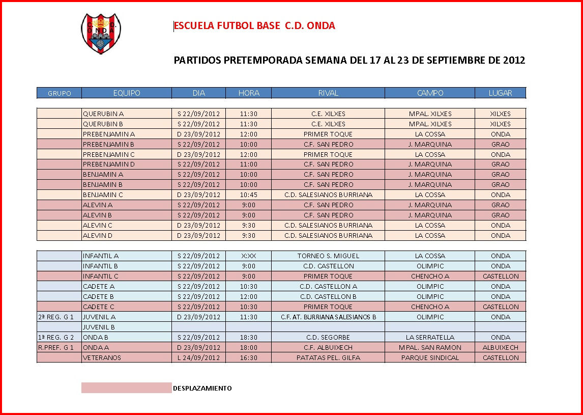 CD ONDA Escuela de Futbol HORARIOS FIN DE SEMANA