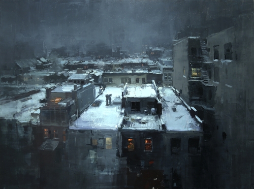 21-Rooftops-in-the-Snow-Jeremy-Mann-Figurative-Painting-in-Cityscapes-Oil-Paintings-www-designstack-co