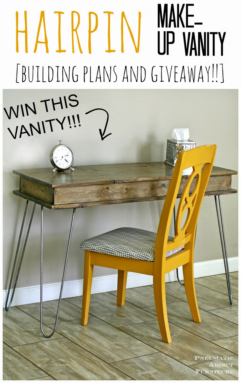 DIY Hairpin leg, make-up vanity. Free building plans and giveaway!
