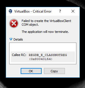  Cara Mengatasi VirtualBox - Critical Error: “Callee RC: REGDB_E_CLASSNOTREG (0x80040154)”