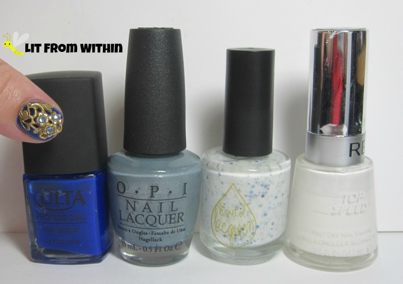 Bottle shot:  Ulta Whatever Floats Your Moat, OPI I Have A Herring Problem, Liquid Lacquer A Calm Does Not Suit Me, and Revlon Spirit.