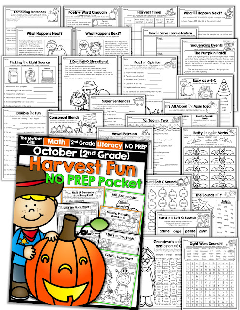 Teach basic math operations, sight words, phonics, grammar, handwriting and so much more with the October NO PREP Packet for Second Grade!