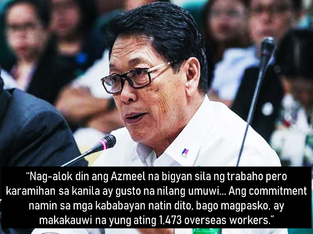 The displaced overseas Filipino workers from Azmeel Contracting Corporation in Saudi Arabia will be given financial assistance amounting to P20,000 each as confirmed by Labor Secretary Silvestre Bello III.        Ads      Sponsored Links      A company lockout in Saudi Arabia affected 1,470 OFWs but according to the Department of Labor and Employment, each of them will be given P20,000 financial assistance. Labor Secretary Silvestre Bello III also made a clarification from previous reports that said they would receive $50,000.       DOLE is also coordinating with the Saudi Ministry of Labor in ensuring that the affected OFWs will be able to get their two to six months' worth of salary lapses.    DOLE's labor attaches have already been coordinating with the officials of Azmeel Contracting Corporation, and have reached initial agreements. Bello said the company commits to repatriate 10 OFWs every after settling their unpaid salaries and DOLE is there to make sure that the company will hold up to their commitment. The government through DOLE also pledged to assist those who want to go home hopefully before the Christmas time approaches.    There had been a violent strike due to the unpaid salaries among Azmeel laborers but the labor secretary said the OFWs were not involved in the said violent protests.  Azmeel offered the workers to stay and work again for the company but many of them decided to go home instead.    Earlier, OWWA has received a report that Azmeel assets were frozen by the Saudi government which made them exclude its workers from the premises after.   Filed under the category of Azmeel Contracting Corporation, Labor Secretary Silvestre Bello III., overseas Filipino workers, Saudi Arabia, 