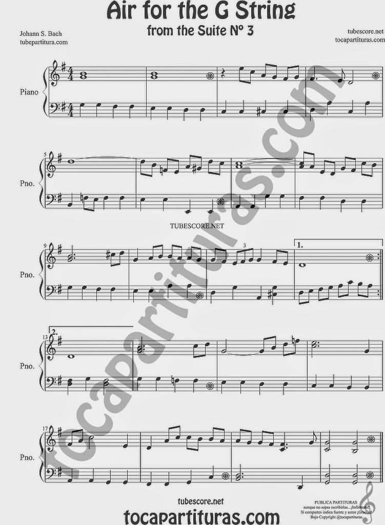 Air for the G String Easy Sheet Music for Piano Beginners from the Suite Nº 3 by Johann Sebastian Bach Partitura fácil de Piano de la Suite para Orquesta Nº 3 Aria para Pianistas Principiantes en Sol Mayor