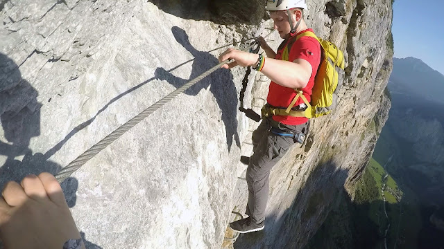 Via Ferrata 2000ft above Lauterbrunnen Valley, Swiss Alps! 35 Via Ferrata, Klettersteig, Hike, Climbing, Scrambling, mountaineer, mountain, extreme, adrenaline, adventure, Explore, Murren, Gimmelwald, Lauterbrunnen, Interlaken, Switzerland, Bern, Swiss Alps, Bernese Alps, Alpine, hanging, Nepalese Bridge, tyrolean, cliff, BASE, ladders,