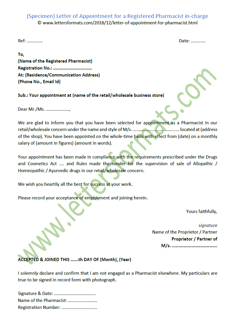 Letter of Appointment for a Registered Pharmacist In-charge
