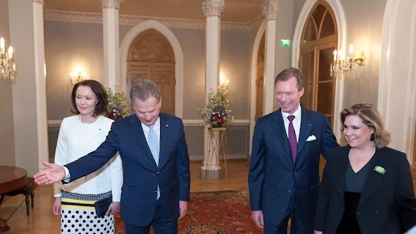Grand Duke Henri and Grand Duchess Maria Teresa of Luxembourg are on a state visit to Finland. Style, Dress, jewelery, Maria Terasa wore fashion dress 