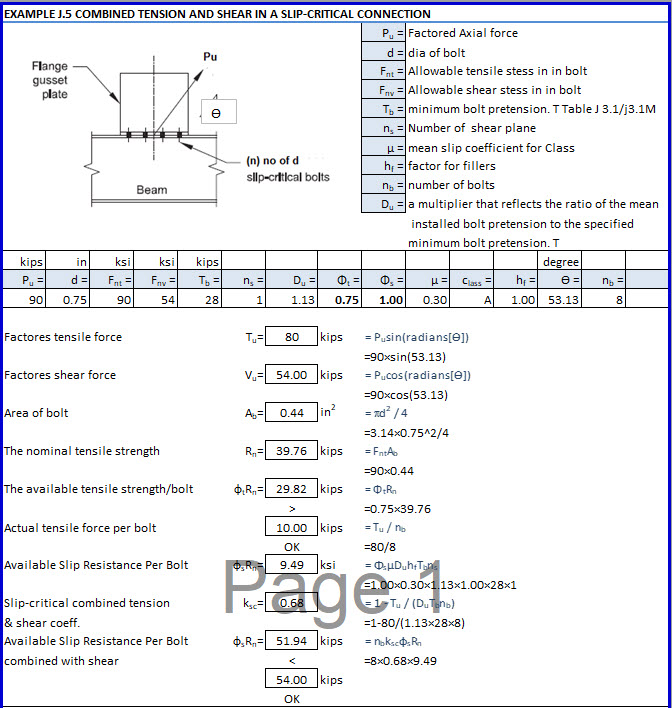 Combined Tension and Shear in a Slip Critical Connection Excel 