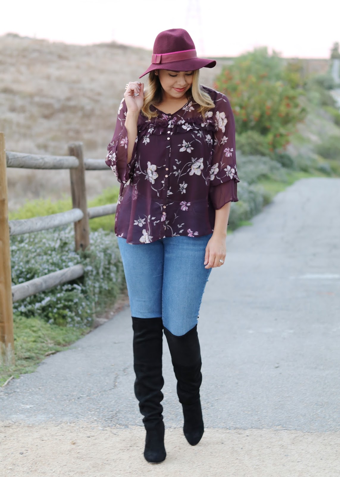 Burgundy Floral Fall Outfit how to wear over the knee boots, steve madden over the knee boots, black over the knee boots with heel