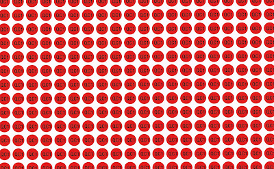 Scanned imagee of red stickers in the shape of circles with black text 'Q.C1'. All stickers are in lines creating a repeating tiled pattern.
