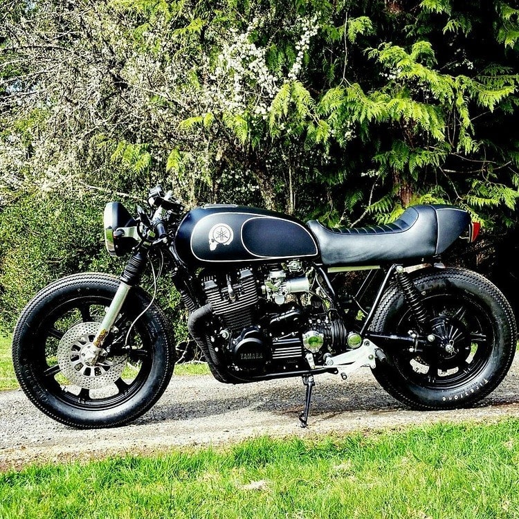 Fork braced, clip-on-ed, custom rear sets, a chrome baloney pipe from a Sportster. Built over three years.