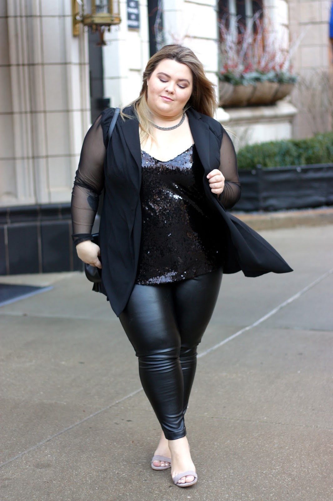 fashion to figure, natalie craig, where to shop for plus size clothing, natalie in the city, see through mesh, blazer, sequin tank top, plus size leather leggings pants, chicago blogger, valentines day date night ideas, valentines day outfit, fatshion, plus size blogger