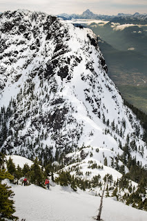 looking down on the H'Kusam-Stowe col, ascending Stowe Peak in  Prince of Whales Range on Vancouver Island