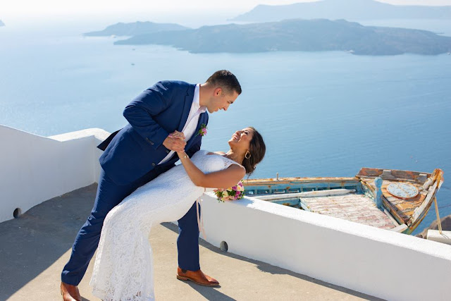 Romantic wedding in Santorini - Santa Irene chapel yard