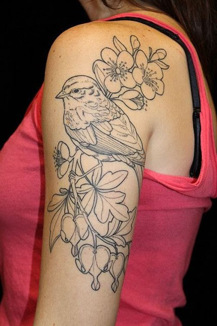 Sparrow Tattoo on Women sleeve with Flowers design