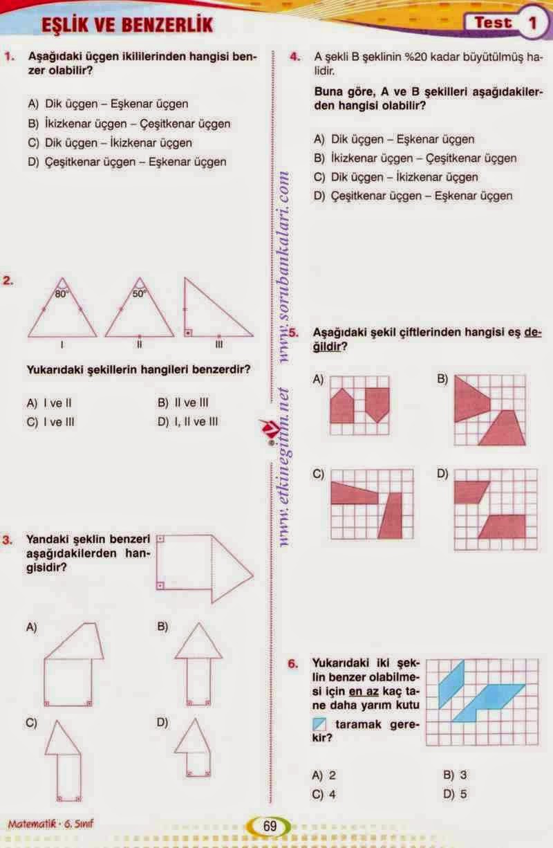 6. Sınıf Matematik Eşlik ve Benzerlik Konusu Online Testi Çöz - https