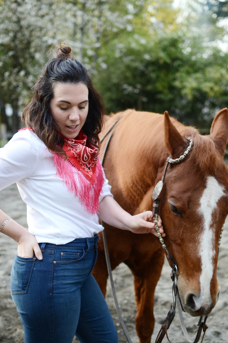 NYDJ FitToBe cropped jeans and blouse Vancouver fashion blogger Mona Sultan fringe bandana scarf