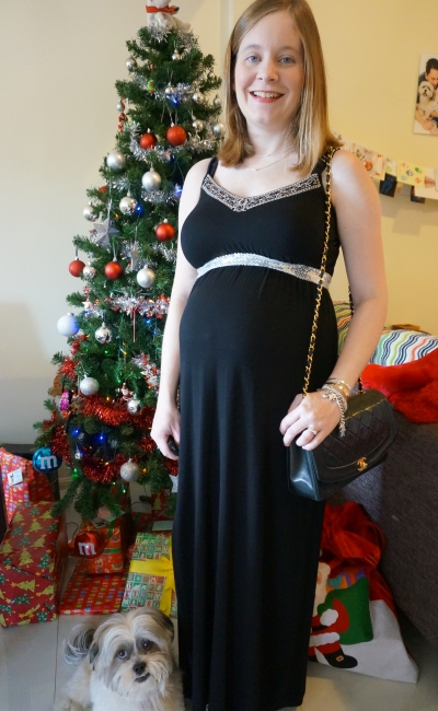 AwayFromBlue | Second Trimester Pregnancy Christmas Day Maternity Outfit black embellished maxi dress