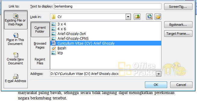 Fungsi Hyperlink, Bookmark, Cross-Reference di Ms. Word - Office Praktis