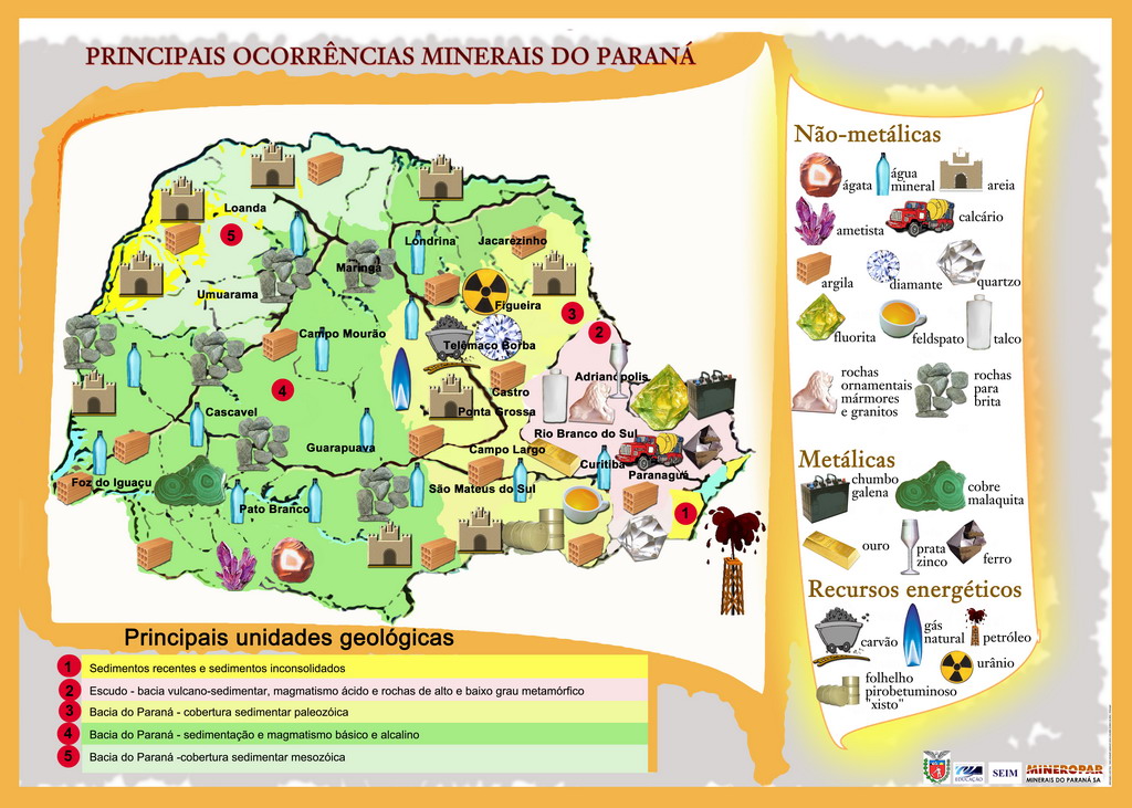 Geografia em Foco Mapa das principais ocorrências minerais no estado do Paraná Geografia em Foco Mapa das principais ocorrências minerais no estado do Paraná