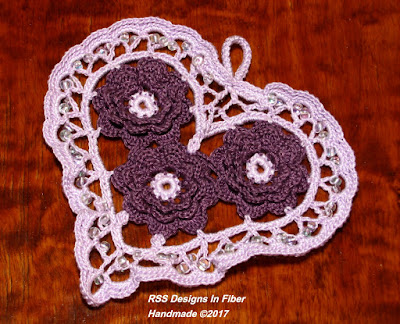  Beaded Lavender Irish Crochet Heart with Plum 3D Roses - Handmade By RSS Designs In Fiber