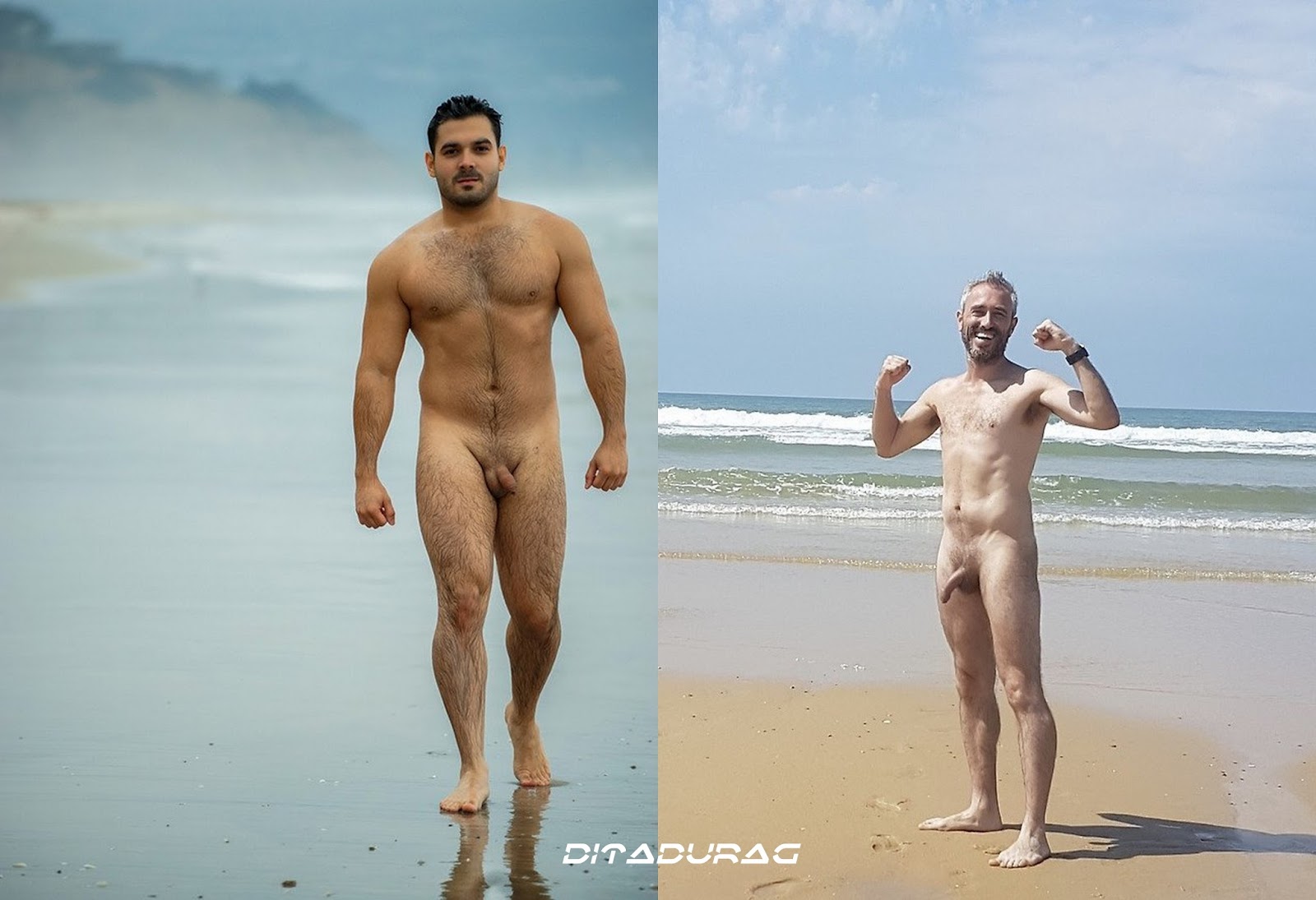 Homens pelado na praia de nudismo