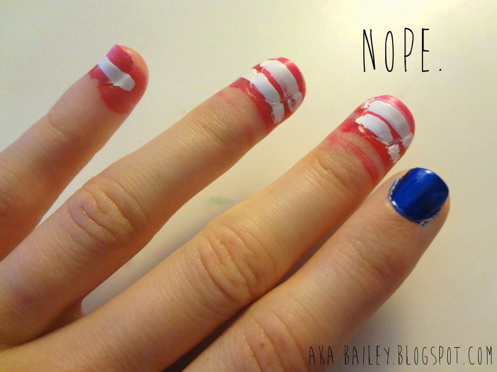 Red and white stripes nails, fail