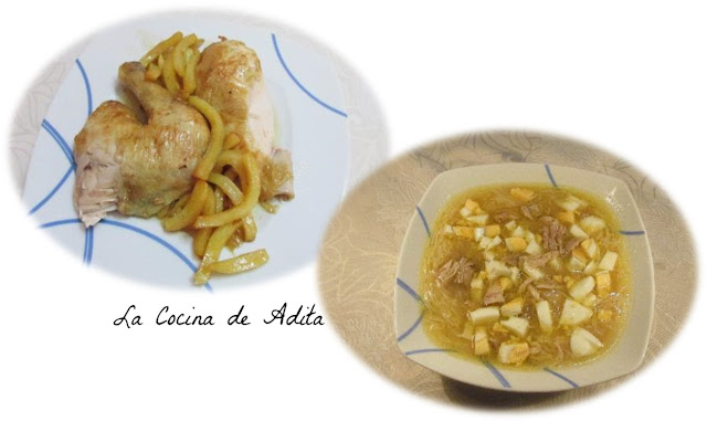 Pollo asado al limón y sopa